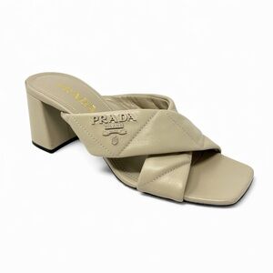 NEW Prada Triangle Logo Quilted Lambskin Crisscross Slide Sandals Beige 36.5 6.5